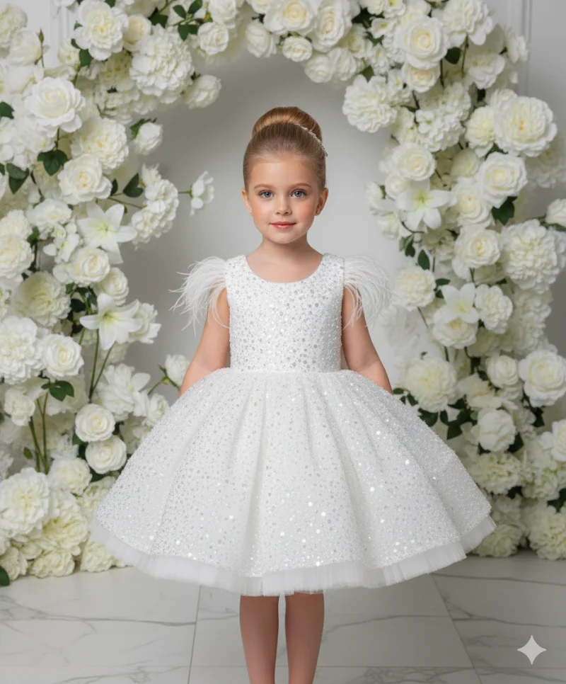 Rochie alba eleganta din dantela cu perle si paiete pentru fete - Nicole