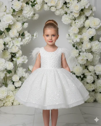 Rochie alba eleganta din dantela cu perle si paiete pentru fete - Nicole