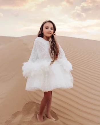 Rochie alba eleganta din dantela cu perle si fulgi naturali pentru fete - Thara