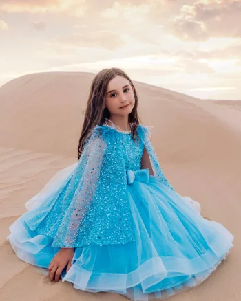 Rochie bleu eleganta din dantela cu perle si fulgi naturali pentru fete - Thais