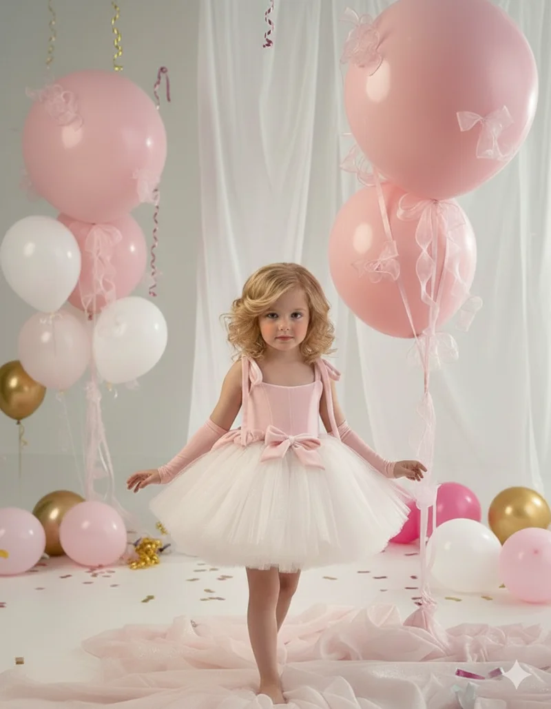 Rochie eleganta din catifea roz si tulle alb pentru fete - Mia