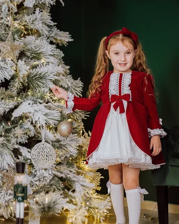 Rochie rosie vintage pentru fete, din catifea rosie si dantela alba - Zina