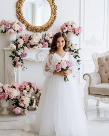 Rochie alba lunga eleganta pentru fete, din tulle alb cu perle - Saraia