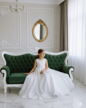 Rochie alba lunga eleganta pentru fete, din organza alba si perle - Tina