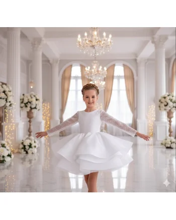 Rochie alba eleganta fete, din dantela cu perle, paiete si tafta - Esther