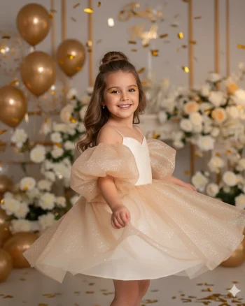 Rochie aurie eleganta pentru fete, din tulle cu glitter si maneci bufante - Eloise