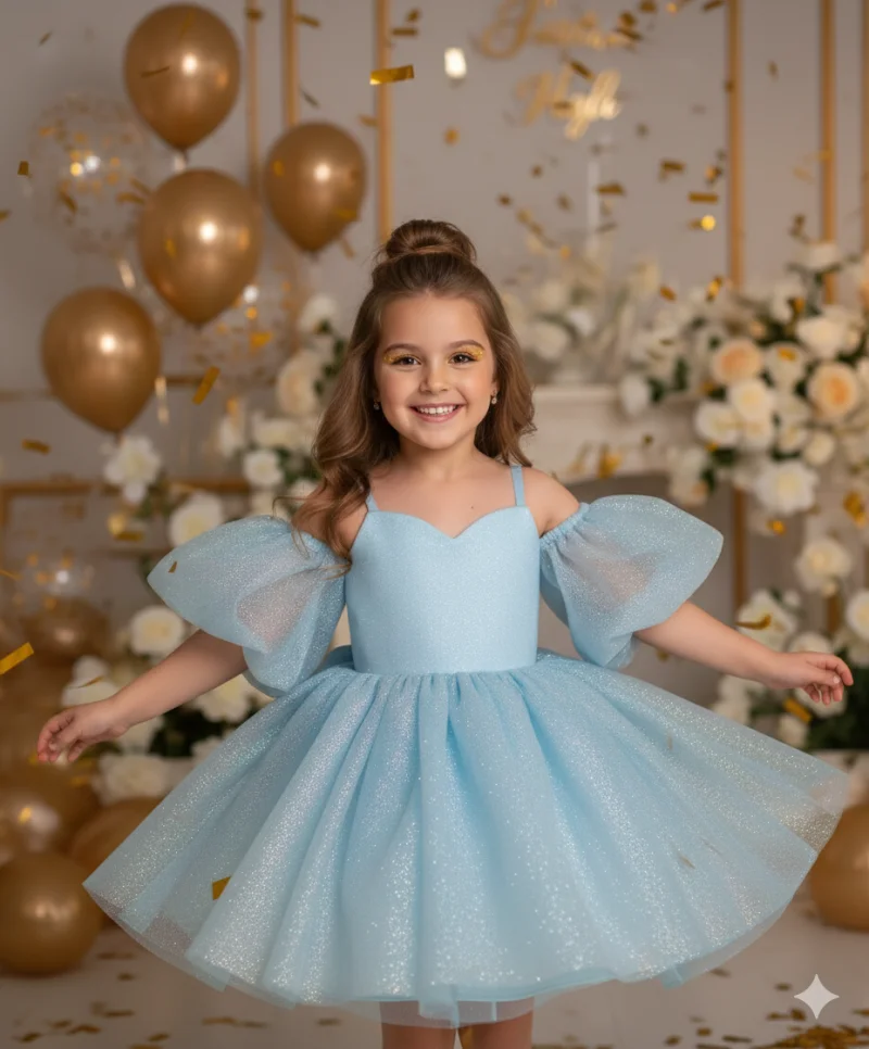 Rochie bleu eleganta pentru fete, din tulle cu glitter si maneci bufante - Eloise