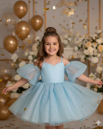Rochie bleu eleganta pentru fete, din tulle cu glitter si maneci bufante - Eloise