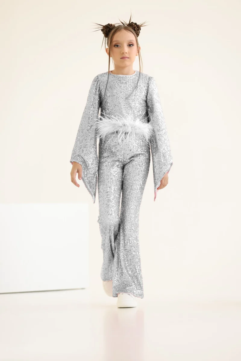 Compleu argintiu elegant pentru fete, din paiete bluza cu fulgi naturali si pantalon evazat - Eliana