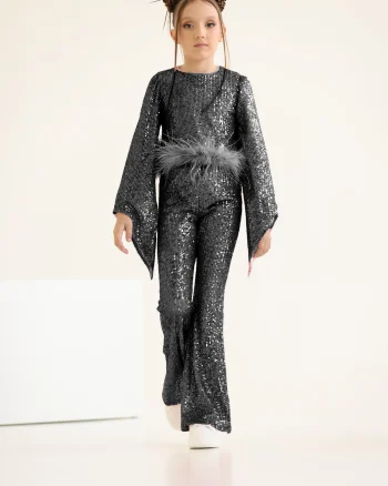Compleu negru elegant pentru fete, din paiete bluza cu fulgi naturali si pantalon evazat - Eliana