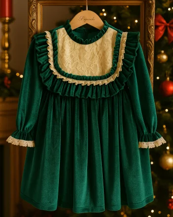 Rochie verde vintage din catifea pentru fete - Ayanna