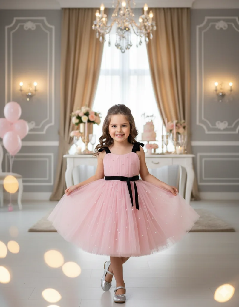 Rochie roz eleganta cu fundite din tulle cu perle pentru fete - Carolina