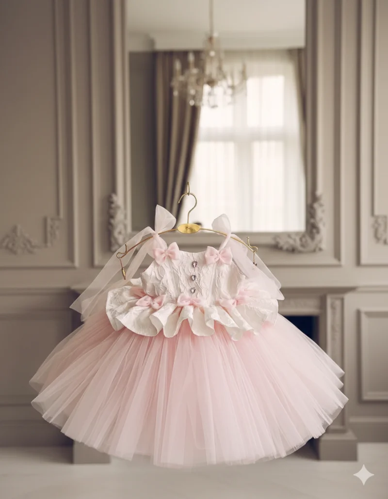 Rochie roz eleganta pentru fete, din brocard si tulle - Lilibet