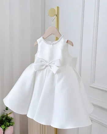 Rochie alba eleganta pentru fete, cu fundite din tafta  - Ember