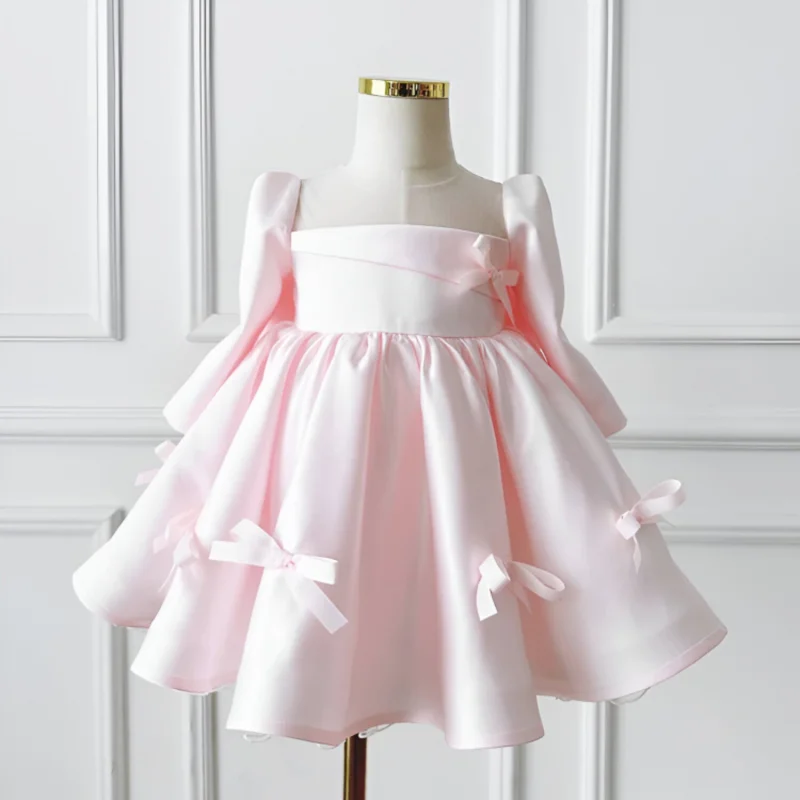 Rochie roz eleganta pentru fete, din tafta accesorizata cu fundite - Sol