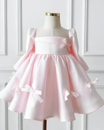 Rochie roz eleganta pentru fete, din tafta accesorizata cu fundite - Sol
