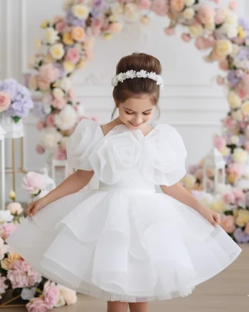 Rochie alba din broderie cu paiete si perle pentru fete - Dakota