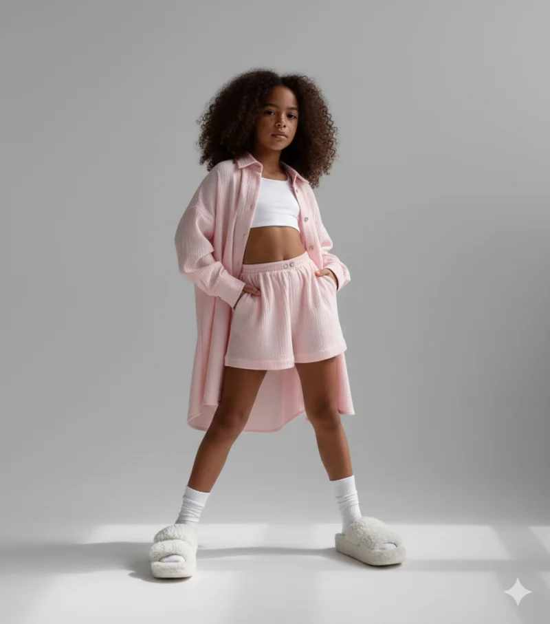 Compleu roz din muselina cu pantaloni scurti si camasa oversize pentru fete - Defne