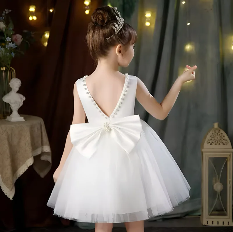 Rochie alba eleganta pentru fete, cu fundita si perle - Luna