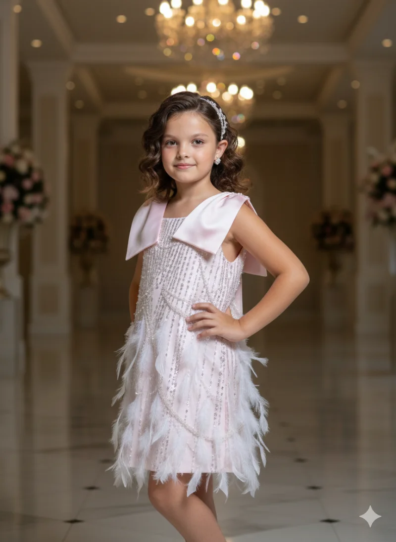 Rochie roz elegantă din dantelă și fulgi naturali pentru fete - Haven