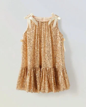 Rochie aurie din paiate accesorizata cu fundite pentru fete - Sara