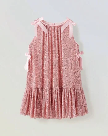 Rochie roz din paiate accesorizata cu fundite pentru fete - Sara