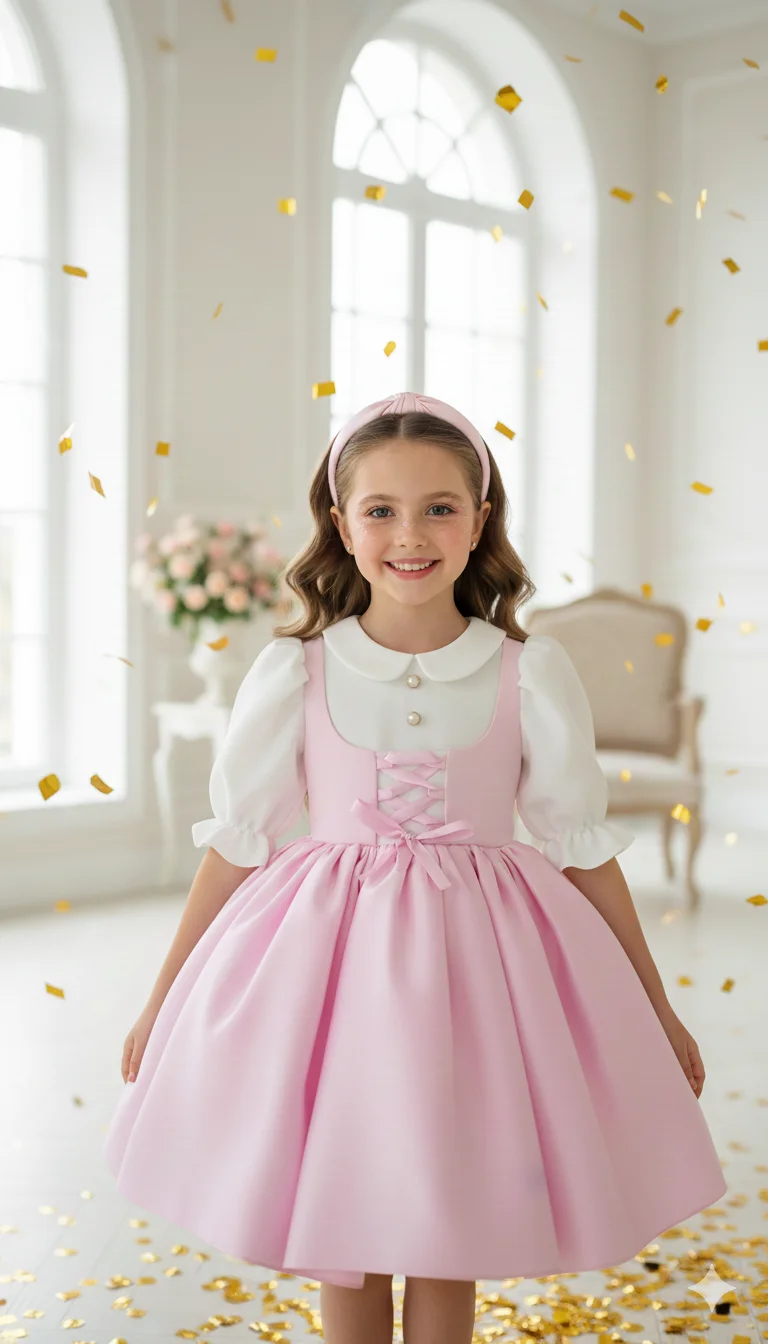Rochie vintage din stofa roz pentru fete - Adelina