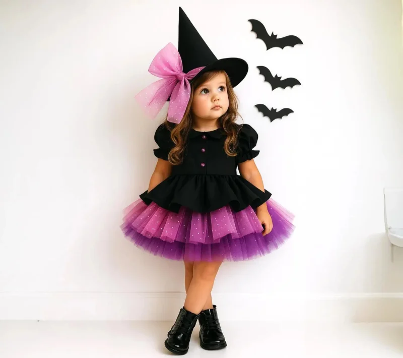 Rochie neagra si tulle roz glitter Halloween Party + PALARIE CADOU pentru fete - 04