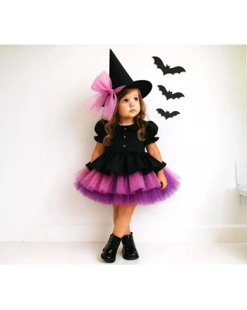 Rochie neagra si tulle roz glitter Halloween Party + PALARIE CADOU pentru fete - 04