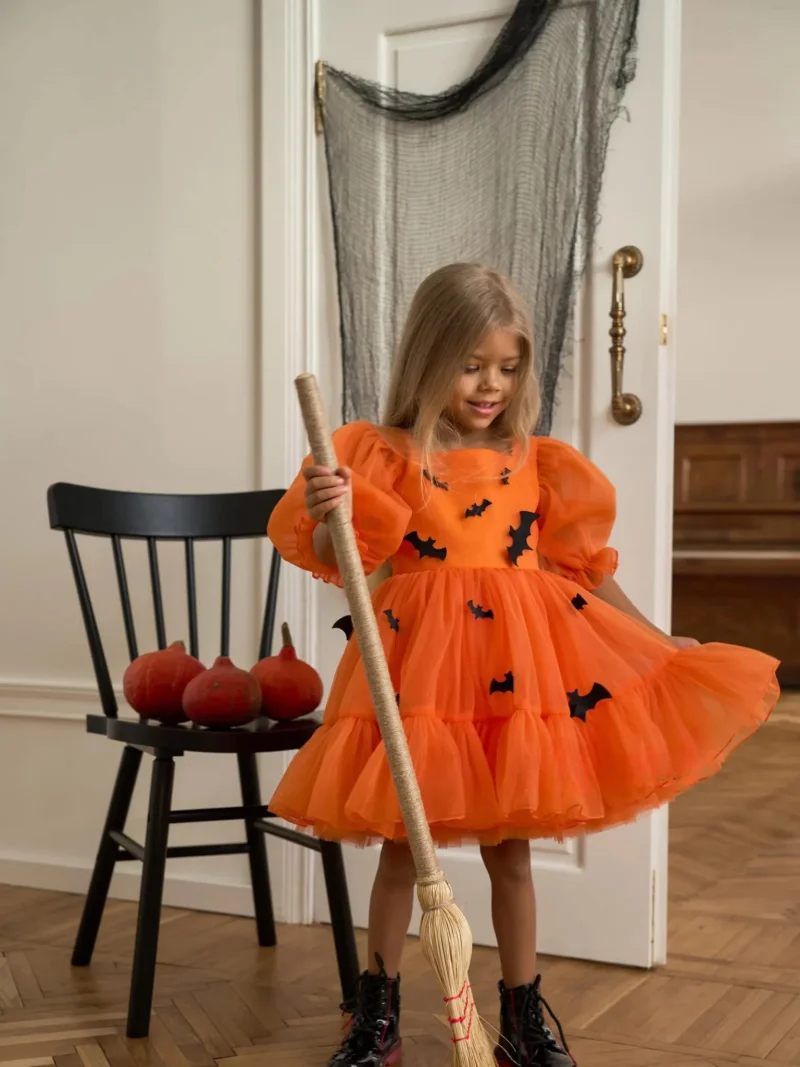 Rochie portocalie accesorizata cu lilieci negrii Halloween Party pentru fete - 19