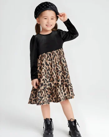Rochie casual animal print si catifea neagra pentru fete - Ayline