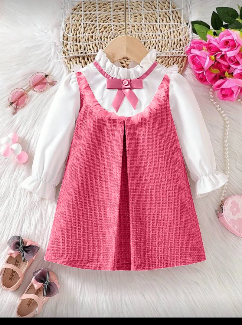 Rochie vintage pentru fete, din stofa tweed roz și poplin alb - Ellis