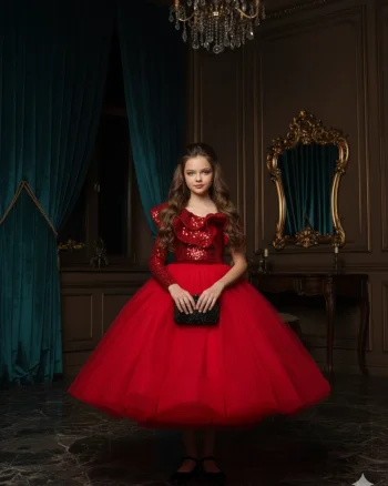 Rochie rosie eleganta pentru fete, din paiete si tulle - Dasha