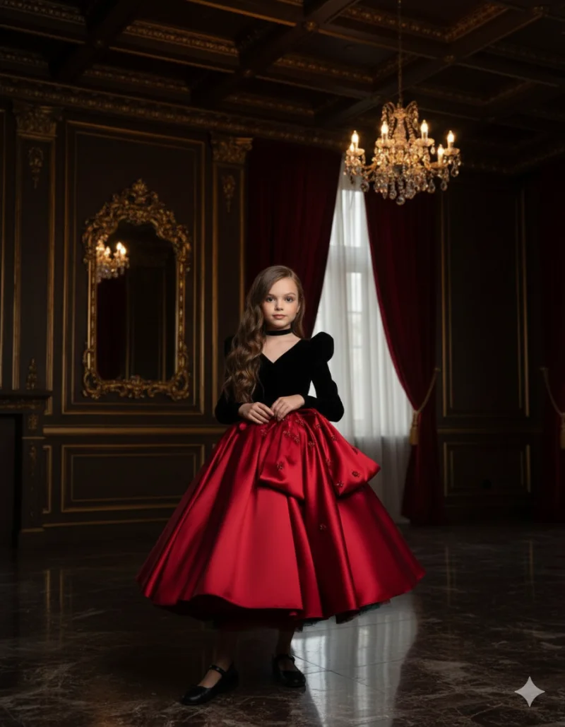 Rochie rosie eleganta pentru fete, din tafta si catifea neagra - Zendaya