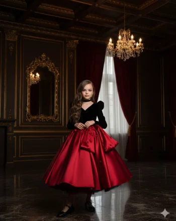 Rochie rosie eleganta pentru fete, din tafta si catifea neagra - Zendaya