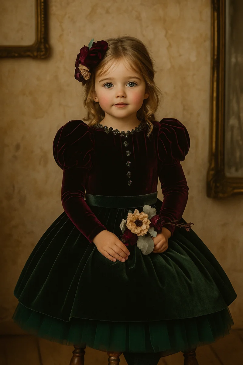 Rochie vintage din catifea burgundy si verde pentru fete - Lorelay