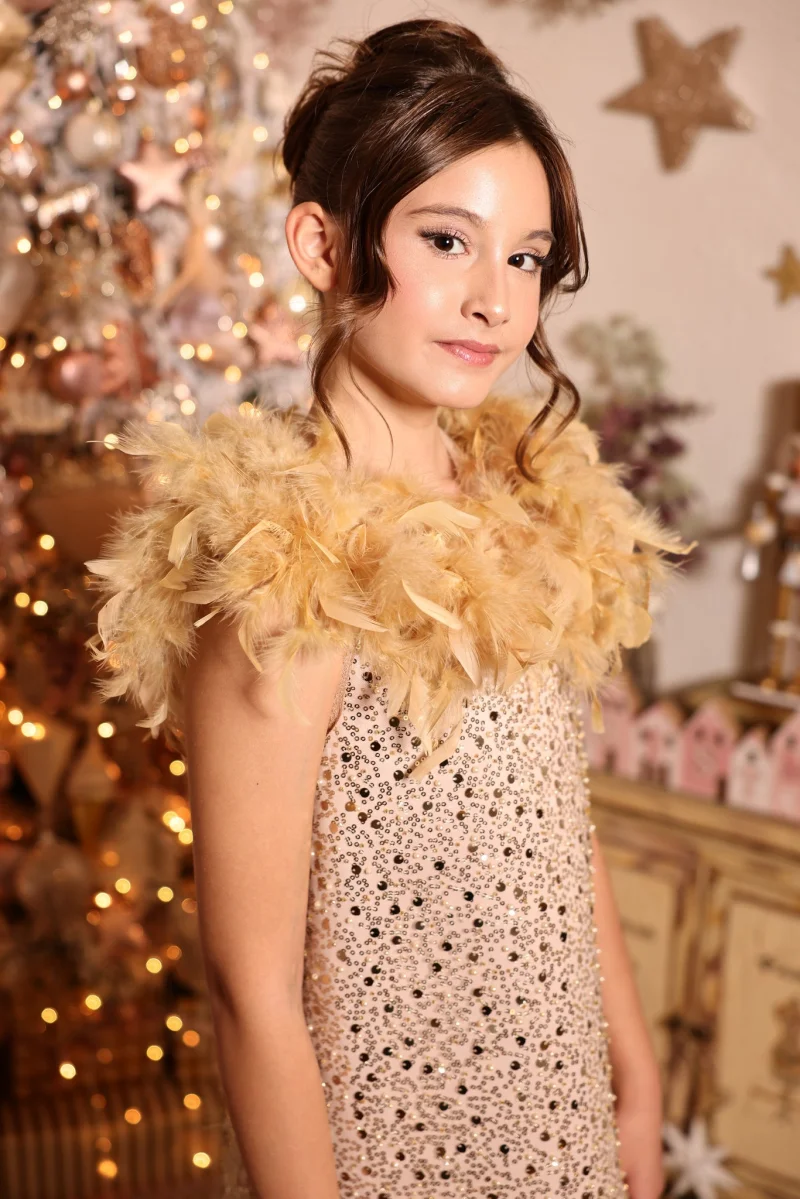 Rochie aurie eleganta din dantela cu paiete si fulgi naturali pentru fete - 6 ani - LIVRARE 24H