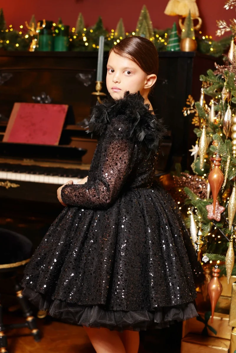 Rochie neagra eleganta din dantela cu paiete si fulgi naturali pentru fete - 7 ani - LIVRARE 24H
