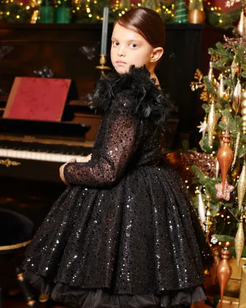 Rochie neagra eleganta din dantela cu paiete si fulgi naturali pentru fete - 7 ani - LIVRARE 24H