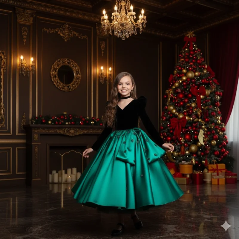 Rochie verde eleganta pentru fete, din tafta si catifea neagra - Zendaya