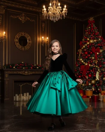 Rochie verde eleganta pentru fete, din tafta si catifea neagra - Zendaya