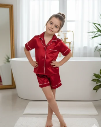 Pijama rosie de vara model clasic din satin, pentru fete