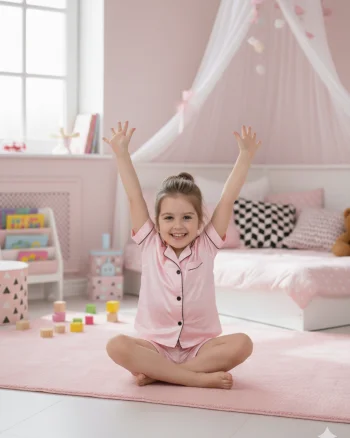 Pijama roz de vara model clasic din satin, pentru fete
