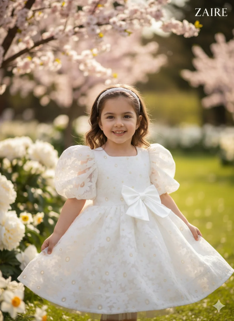 Rochie alba eleganta din organza cu flori pentru fete - Serenity
