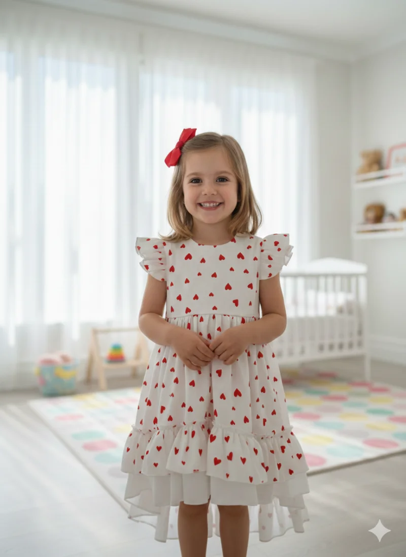Rochie alba din bumbac cu inimioare pentru fete - Mila