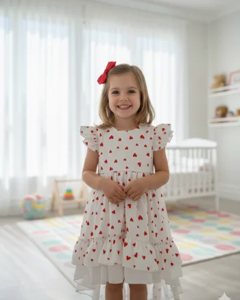 Rochie alba din bumbac cu inimioare pentru fete - Mila