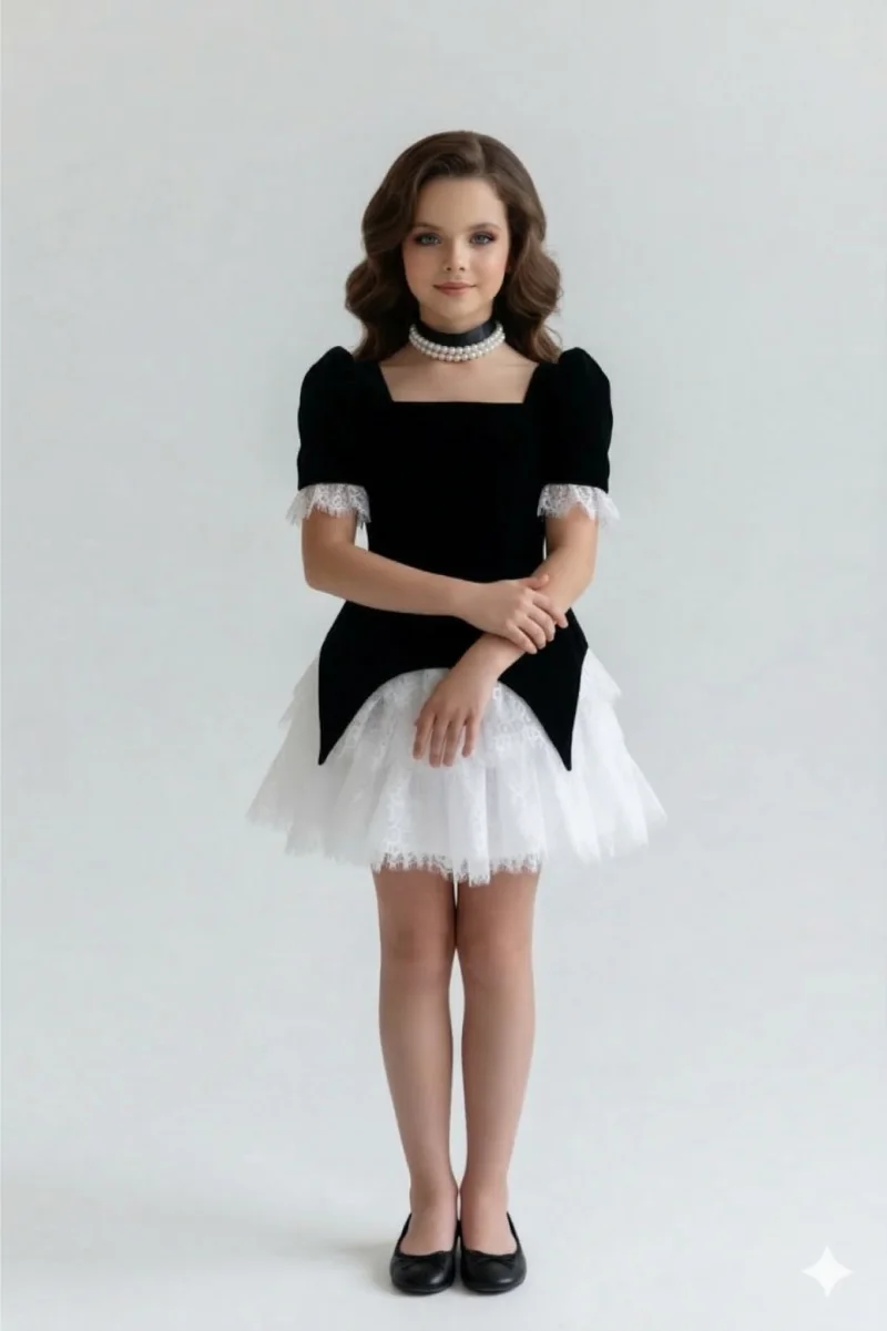 Rochie eleganta din catifea neagra si dantela chantilly pentru fete - Elia