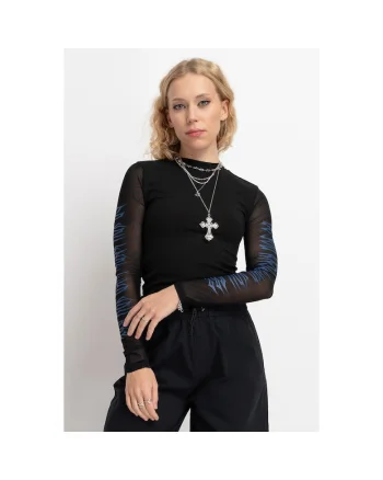 Bluza slim fit cu maneci din dantela transparenta,