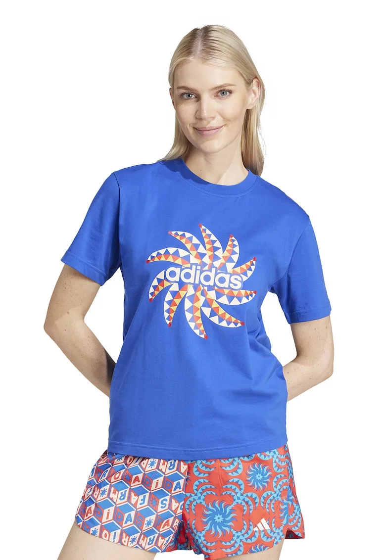 Tricou de bumbac cu decolteu la baza gatului, Alb/Albastru royal