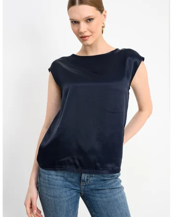 Tricou cu segment frontal de satin, Bleumarin